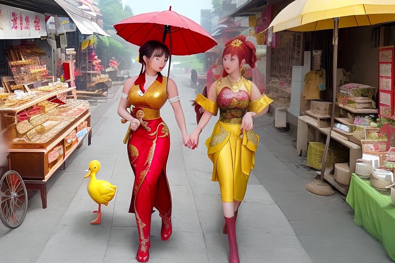  image of Kagura from Mobile Legends, dressed in Khmer traditional clothes with silver jewelry, holding a yellow umbrella while walking along a street market with a cute duck. The duck is wearing red boots and a red hat and is holding a small yellow umbrella that is not yet open. The scene includes the Angkor Wat temple in the background, and Kagura has long white hair with red highlights in the front. She is talking to a shop owner, and the shop has a sign that says "Happy Moon Festival." I'll create this image for you.