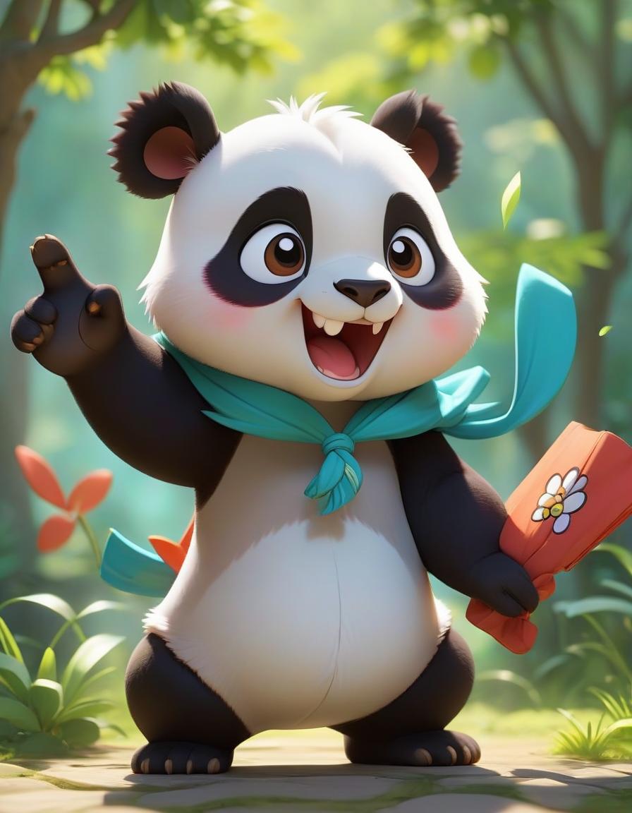  pokémon style a small cartoon panda with a slight smile points to a sign that says "about me" . vibrant, cute, anime, fantasy, reminiscent of pokémon series