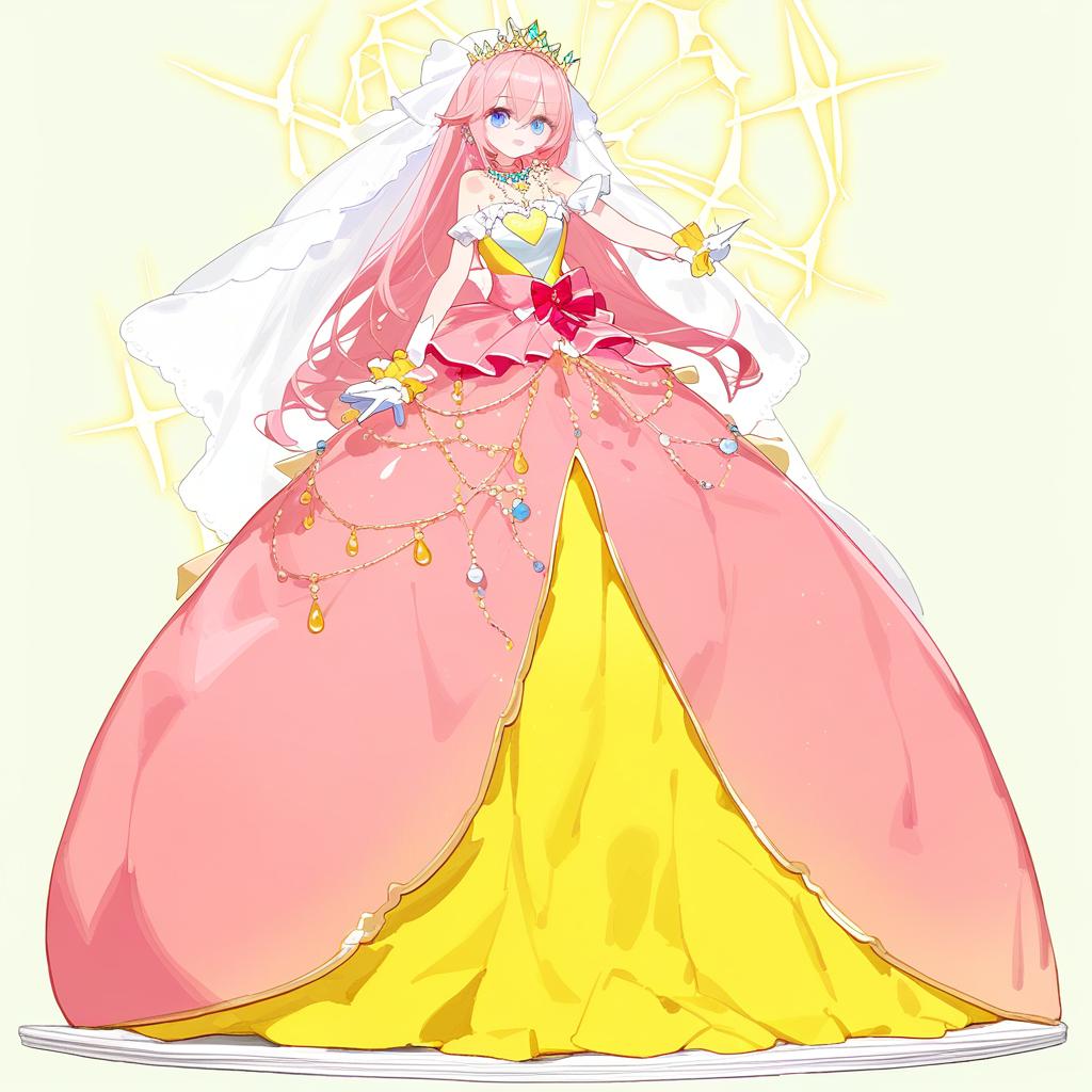  yellow, pink and blue big poofy princess dress, ball gown, frills, ruffles, bows, idol dress, magical style, long white opera gloves, long yellow opera gloves, giant s, sparkly tiara, fancy necklace, long white veil, shining intense blue eyes, very long ankle length bright pink hair with long bangs . best quality, high resolution