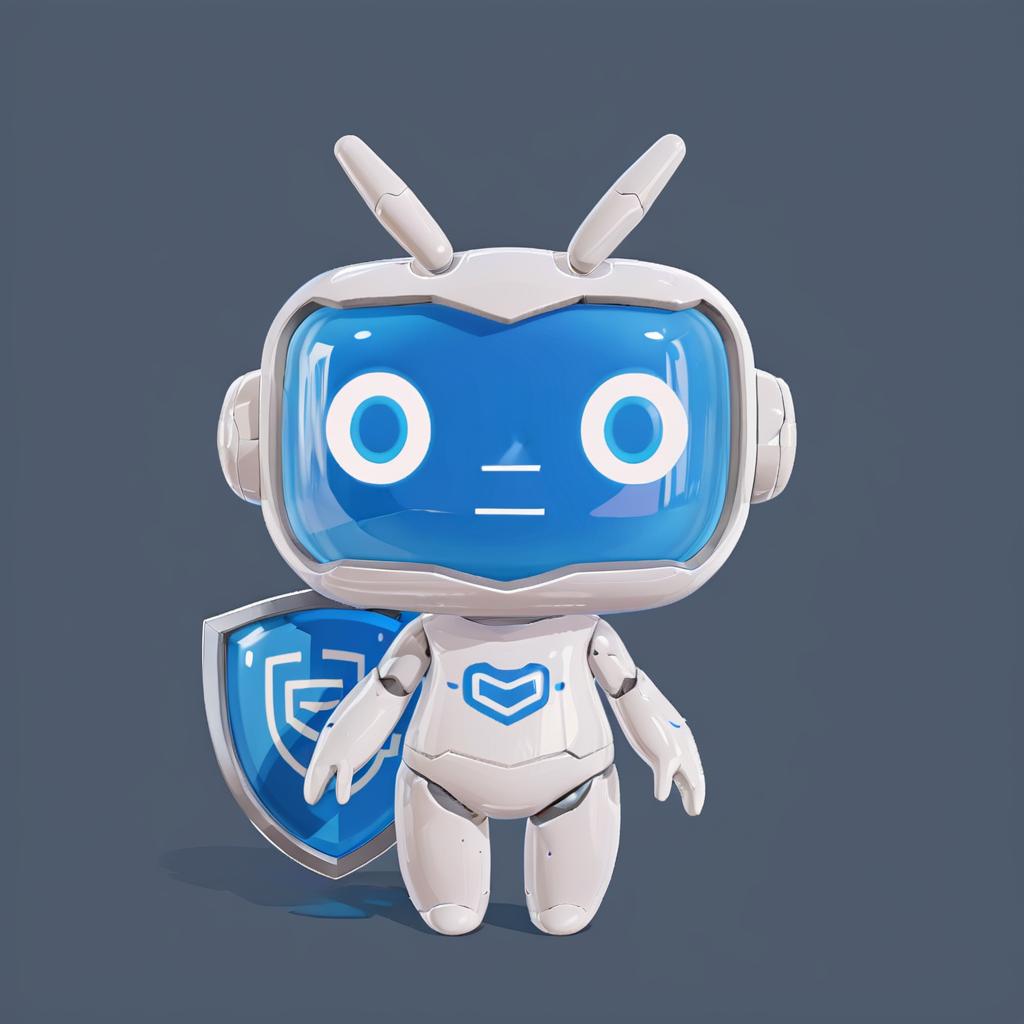  a white cute robot with blue face take a blue shield,a clean and crisp anime illustration with bold outlines, smooth shading,cell shaded, crisp ,flat colors, and a minimalistic background.