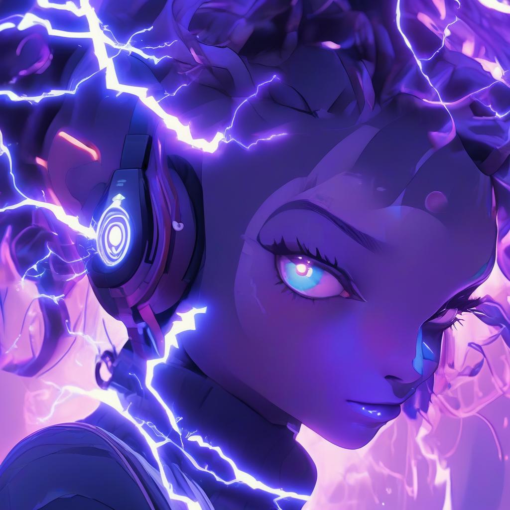  a close up of a person with headphones on, glowwave girl portrait, android jones and atey ghailan, dramatic purple thunders, amazing lightning art, kintsukuroi, beautiful necromancer girl, cute! c4d, electrifying, by eva gonzalès, ( ( ( colorful ) ) ), exquisite lightning