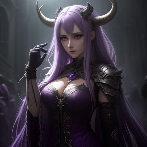  a purple and white photo of a woman with horns, chiaroscuro anime key visual, silent decay coloring, epic music album cover, death is swallowed up in victory, the undefeatable, several character designs, various artists, gloating, fortress, scattered, dd, futured hyperrealistic, full body, detailed clothing, highly detailed, cinematic lighting, stunningly beautiful, intricate, sharp focus, f/1. 8, 85mm, (centered image composition), (professionally color graded), ((bright soft diffused light)), volumetric fog, trending on instagram, trending on tumblr, HDR 4K, 8K