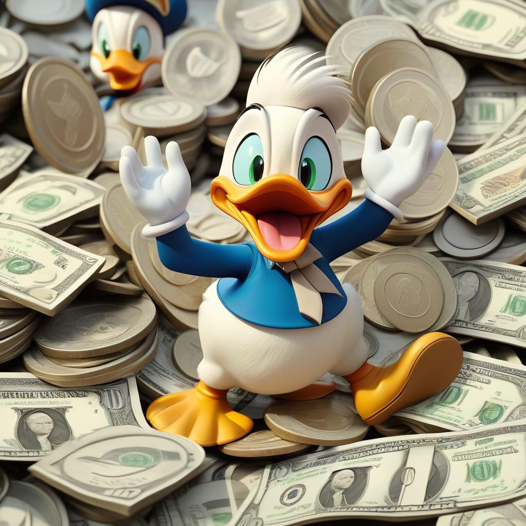  images of cartoon donald duck and willy and billy and dilly characters playing in the money dollars and coins, white light at sunny noon,