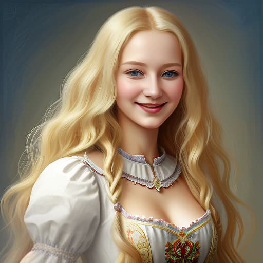  a charming slavic woman. long blonde wavy hair. smile. russian folk dress without cutouts. art by janet holloway, art by anna dittmann, art by chris ofilil