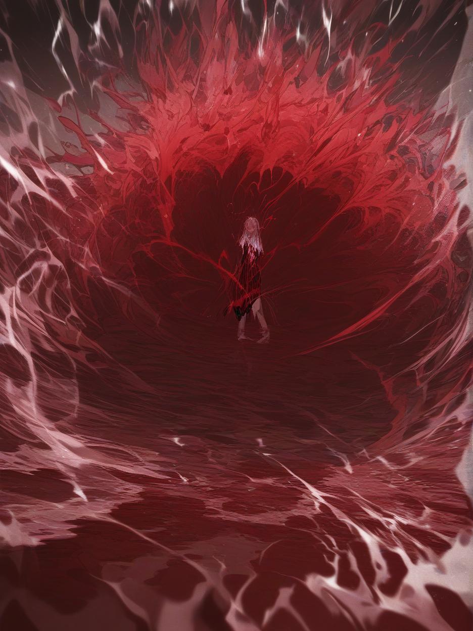  create for me an image of a giant bloody bow, it is stuck in the ground with blood swirling around it. the red sand floor being pushed by the swirling force of blood and crystals in the background, with clear skies. . best quality, high resolution