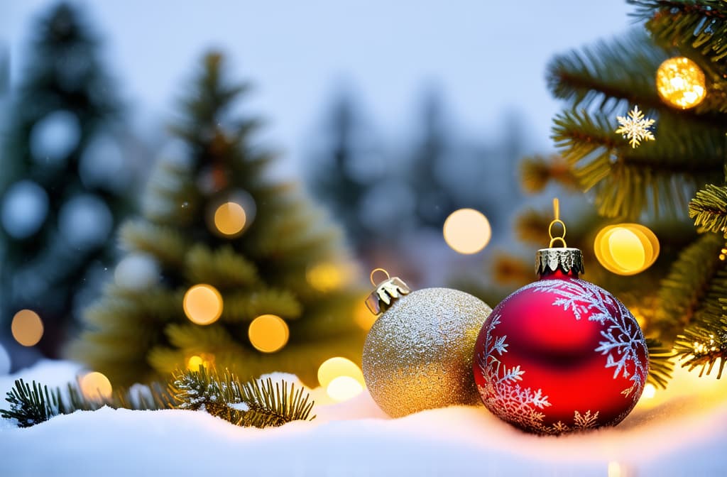  professional detailed photography, soft focus bokeh background with glowing christmas baubles on snow perfect for holiday design ar 3:2, (muted colors, dim colors, soothing tones), (vsco:0.3)