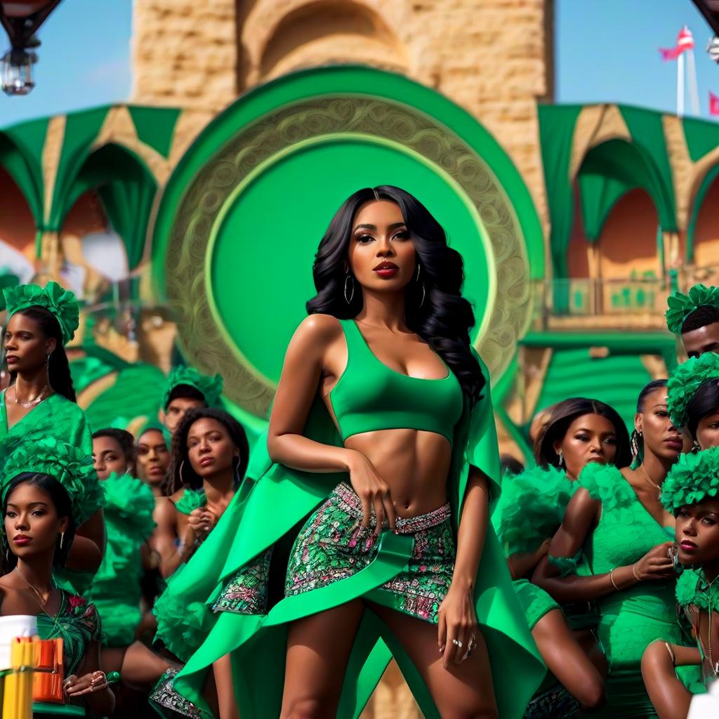  ebony woman 35 pop singer on stage in tight green dress curly black long hair photo realistic, highly intricate and detailed, masterpiece, ultra high res,photography,8k resolution