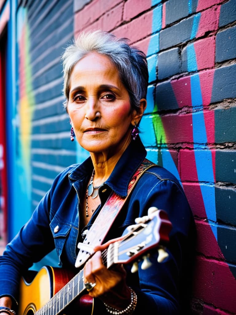  A younger Country singer Joan Baez, medium shot, upper body, spotlight, long exposure lighting, street art style spray paint, glamour lighting