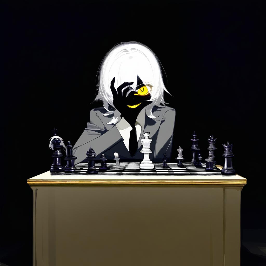  white hair anime woman with shadows hiding face, sitting in front of a table with a chess set on it,an evil smile on her face and only 1 yellow eye is visible, leaning on one hand with arrogance, grey black suit, black tie . best quality, high resolution