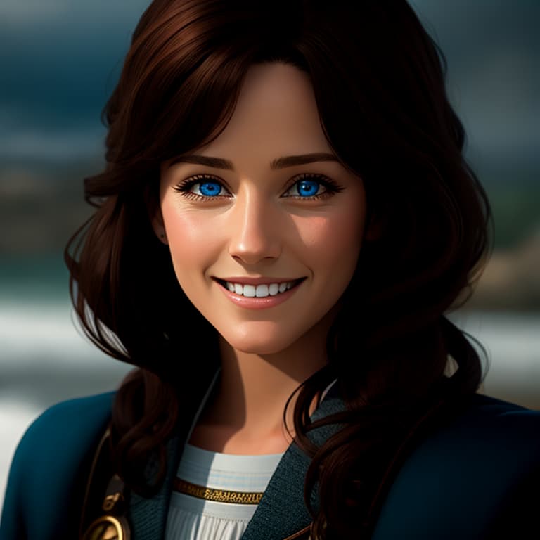  A woman in the likeness of (Scottish Woman: 0.4, Katy Perry:0.4, Julia Roberts:0.2), brown hair, blue eyes, nice smile, centered and in frame, (digital art, hyperrealistic)