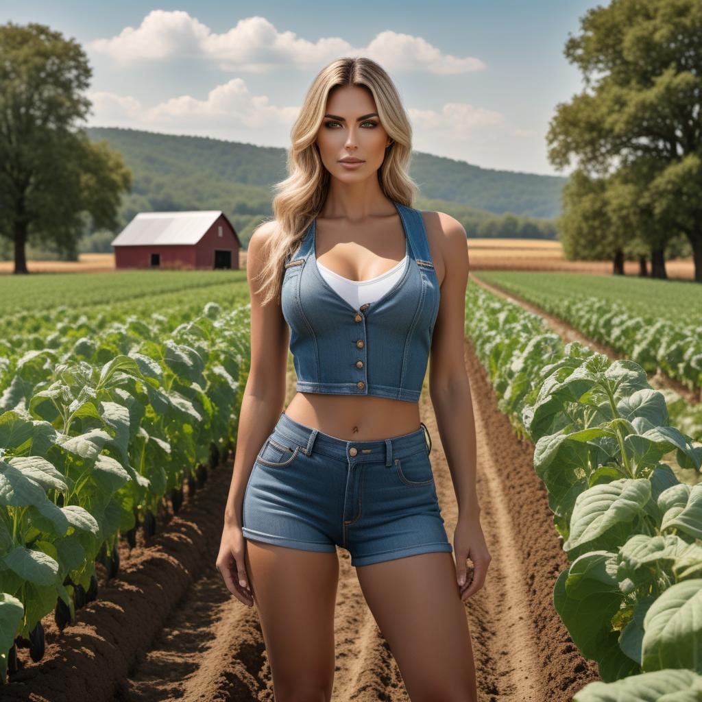  a female farm worker, scantily dressed, working in a field. She is in a provocative pose, wearing minimal clothing suitable for a hot sunny day. The background includes typical farm scenery such as fields, crops, and farming tools. hyperrealistic, full body, detailed clothing, highly detailed, cinematic lighting, stunningly beautiful, intricate, sharp focus, f/1. 8, 85mm, (centered image composition), (professionally color graded), ((bright soft diffused light)), volumetric fog, trending on instagram, trending on tumblr, HDR 4K, 8K