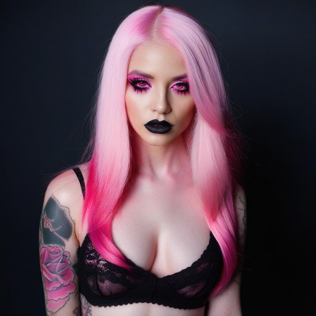  4 age women,full body shot ,full body portrait horrifying scary pale long pink hair ,full white eyes, black lips, black dripping eyeshadow tattoos,in pink cotton with pink trim