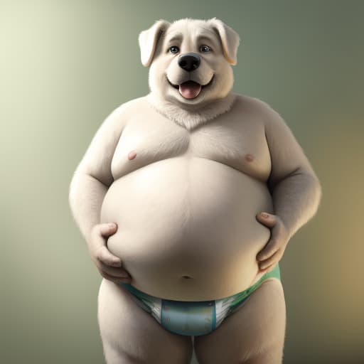  elderly, male, white dog, overweight, round belly, wide hips, wearing a diaper, standing up, holding belly, open eyes, masterpiece, 4k, fine details,