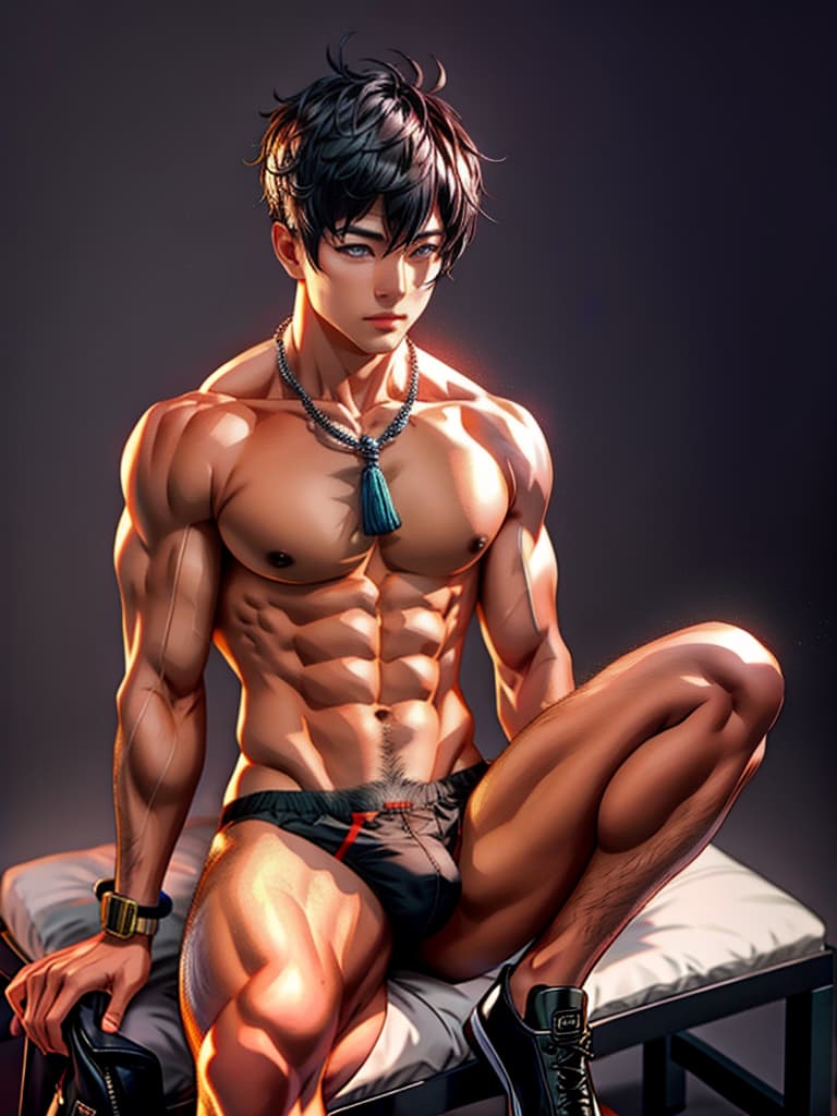  full body,chibi, male focus,1boy,solo,underwear,male underwear,black hair,realistic,sitting,white male underwear,boxer briefs,jewelry,nipples,necklace,topless male,stool,briefs,short hair,bulge,pectorals,underwear only,grey background,muscular,simple background,abs hyperrealistic, full body, detailed clothing, highly detailed, cinematic lighting, stunningly beautiful, intricate, sharp focus, f/1. 8, 85mm, (centered image composition), (professionally color graded), ((bright soft diffused light)), volumetric fog, trending on instagram, trending on tumblr, HDR 4K, 8K