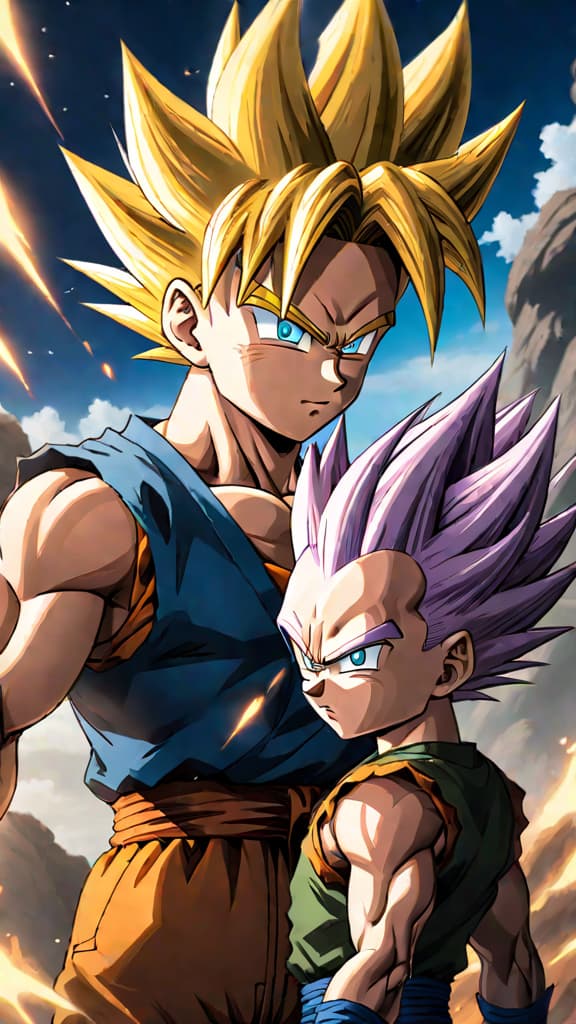  anime art: goten and trunks transform into super saiyans, facing majin buu's overwhelming power. hyperrealistic, full body, detailed clothing, highly detailed, cinematic lighting, stunningly beautiful, intricate, sharp focus, f/1. 8, 85mm, (centered image composition), (professionally color graded), ((bright soft diffused light)), volumetric fog, trending on instagram, trending on tumblr, HDR 4K, 8K