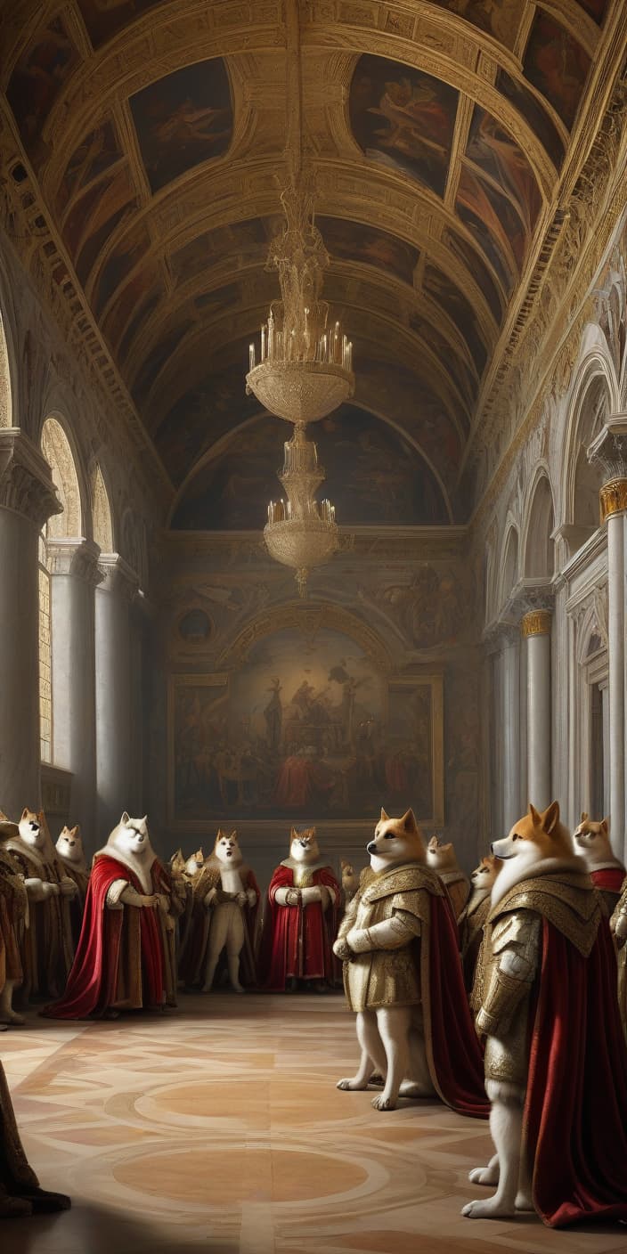  renaissance style council of the doges of venice in the meeting room of the renaissance, furry griffins, council of the doges of venice, admirals . realistic, perspective, light and shadow, religious or mythological themes, highly detailed