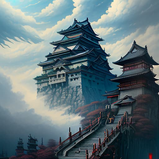  landscape, in the distance a japanese castle to which 6 narrow stairs lead from different sides, which stands on a large horizontal gear, everywhere clouds, steam, cloudy weather, steampunk, blue sky, a huge gear instead of earth, dark , creepy , blood , monsters , by jason engle , carlos huante , charlie bowater , simon lee , brom