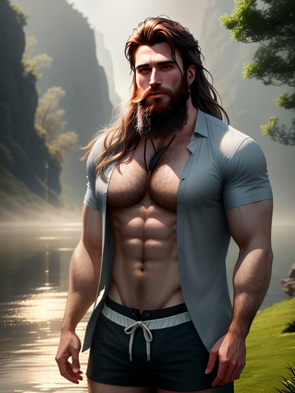  A 30 year old man with a beard on the grass. Long hair. In a semi open shirt and open shorts. River. Distant view. hyperrealistic, full body, detailed clothing, highly detailed, cinematic lighting, stunningly beautiful, intricate, sharp focus, f/1. 8, 85mm, (centered image composition), (professionally color graded), ((bright soft diffused light)), volumetric fog, trending on instagram, trending on tumblr, HDR 4K, 8K