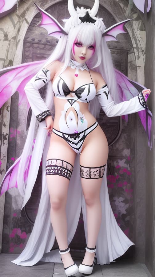  Full body Harrykin check pattern, full body white body paint, White face paint on the face, succubus, full body image 女性