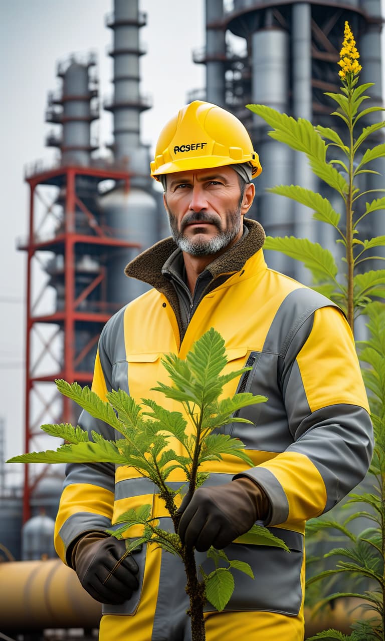  expressionist a man in a yellow helmet and gray form of rosneft plants a tree against the background of an oil refinery in siberia . raw, emotional, dynamic, distortion for emotional effect, vibrant, use of unusual colors, detailed hyperrealistic, full body, detailed clothing, highly detailed, cinematic lighting, stunningly beautiful, intricate, sharp focus, f/1. 8, 85mm, (centered image composition), (professionally color graded), ((bright soft diffused light)), volumetric fog, trending on instagram, trending on tumblr, HDR 4K, 8K