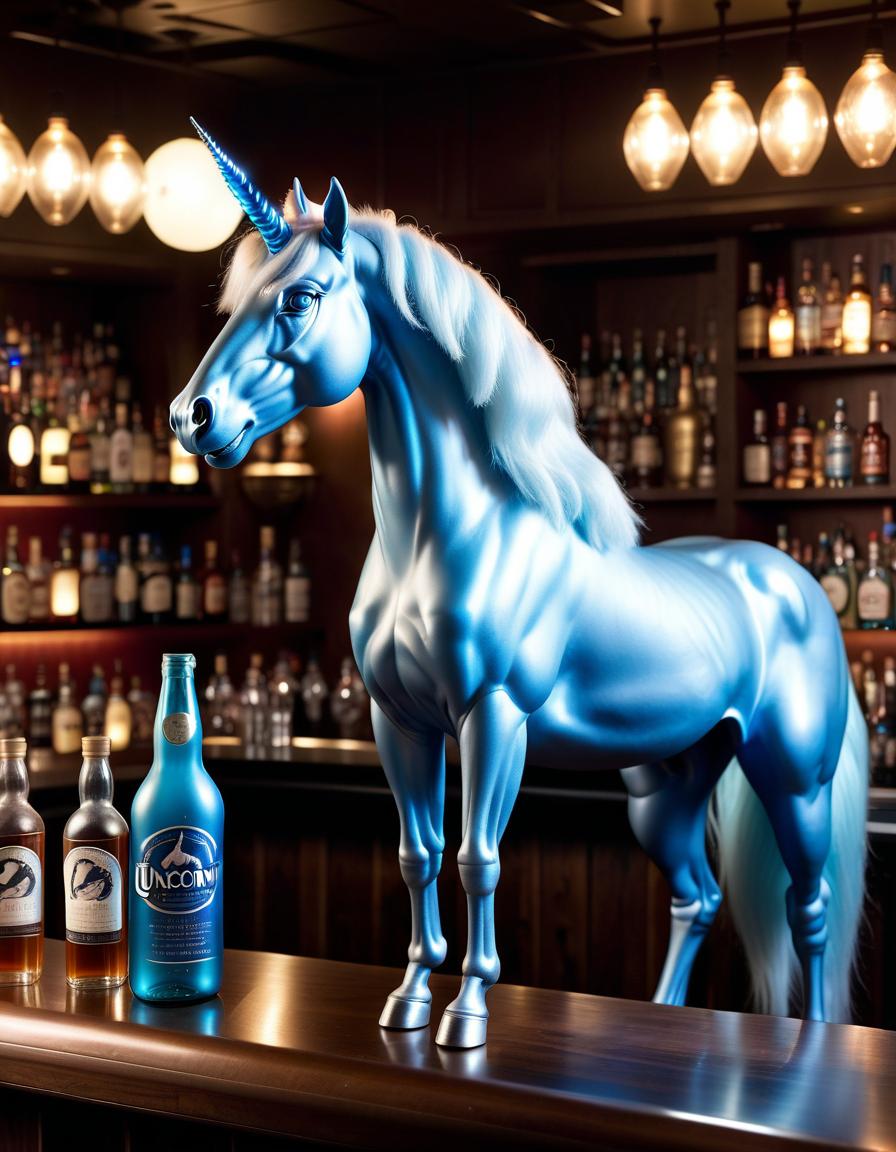  hyperrealistic art unicorn "horse" blue, sitting in a bar with a bottle, bar counter with bottles, around people, high detail, soft lighting . extremely high resolution details, photographic, realism pushed to extreme, fine texture, incredibly lifelike