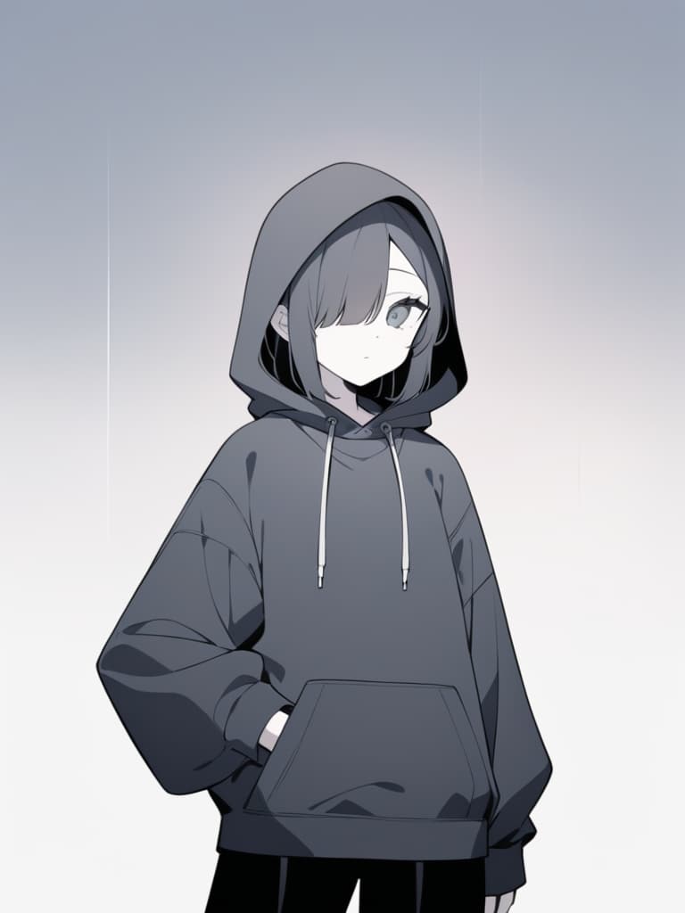  a minimalist digital illustration of a character wearing a plain,oversized black hoodie with the hood up,creating a mysterious and low key atmosphere.the character's face is obscured by a simple white paper mask that has two minimalistic vertical lines for eyes and a single tear running down from one eye. the mask is held in place with a small paperclip at the top. the character's overall appearance is quiet and reserved,with shoulder length hair visible beneath the hood. the background should be simple,preferably a blank or light colored space to emphasize the character's isolated and somber mood. the art style should remain sketchy and minimalistic,using mostly monochromatic tones with small accents like the tear to convey emotion.