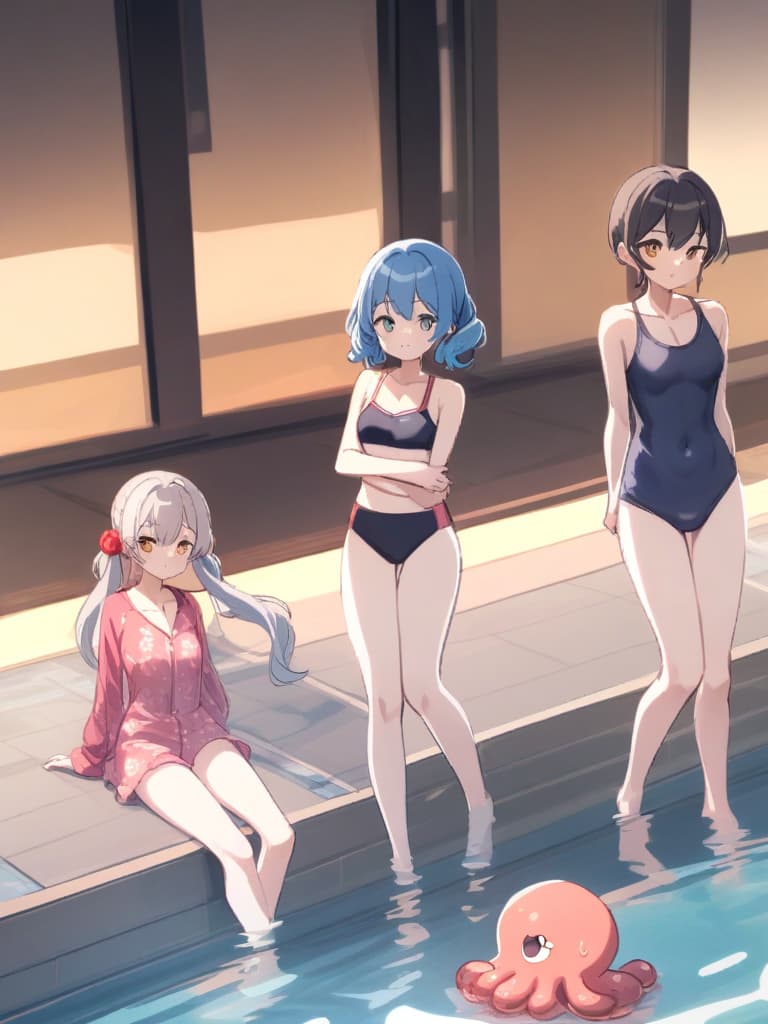  women's elementary students, twin tails, cute smiles, rich s, low stages, dark blue swimwear, old swimwear, swimwear, male, male, shaped clear , shaped clear phimosis,, octopus, male bulge, ), front, whole body, poolside,