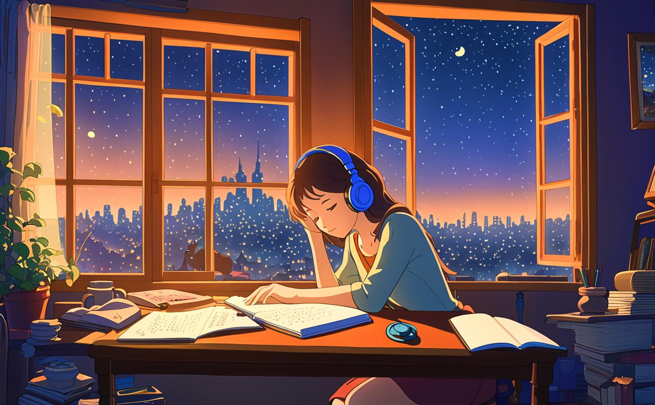  in a cozy, warmly lit room, a woman is wearing headphones and has fallen asleep at her desk, with an open notebook in front of her. a window reveals a view of the bustling city below, illuminated by the night sky. the scene is depicted in a whimsical, studio ghibli inspired style, capturing the essence of tranquility and creativity.