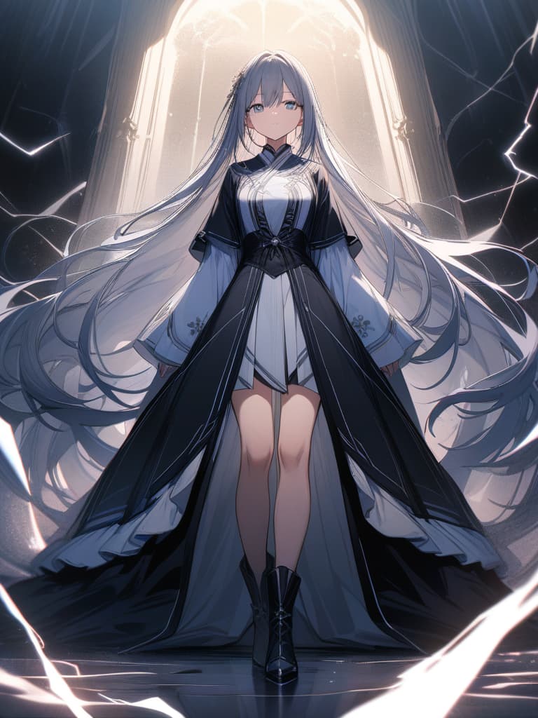  super long long hair, silver, blue eyes, beautiful and delicate eyes, staring here, black hilla hina clothes, lightning thunder, long boots, the whole body, round english spell on the ground., masterpiece, best quality,8k,ultra detailed,high resolution,an extremely delicate and beautiful,hyper detail