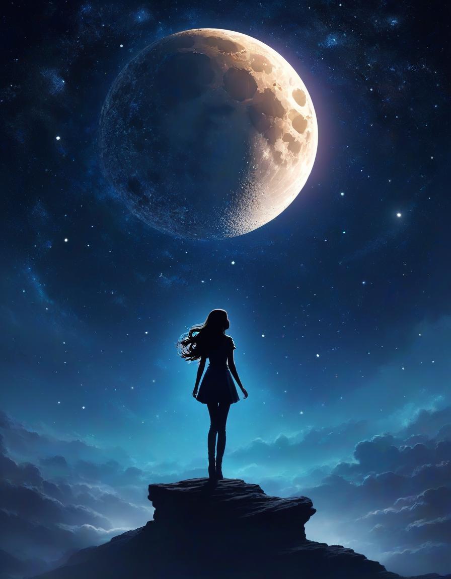  space themed silhouette of a girl against a huge moon, long hair, slender figure, wind, twinkling stars, filigree; painting; magical glow; exquisite; emotional graphics; concept art, 1/250 sec, iso 100 . cosmic, celestial, stars, galaxies, nebulas, planets, science fiction, highly detailed