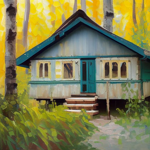 dvarchmodern painting. oil painting. (dacha type house in the forest:1.5). the style of the artist repin. high detail, high definition, high resolution., (rough brush strokes: 1.5), [soft impressionist brush strokes:1.2], blinding light, canvas texture, muted colors, by brent heighton, by richard schmid