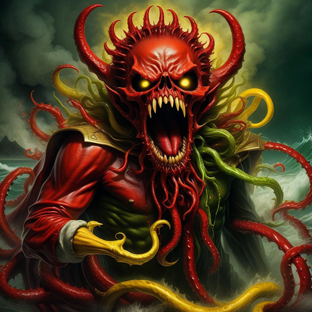  nautical themed demon bloodsucker demon vampire pretends to be a saint wrapped in red rag wound strewn with spines blades mucus in yellow and green smoke fire and sparks tentacle ring claws scream and horror . sea, ocean, ships, maritime, beach, marine life, highly detailed