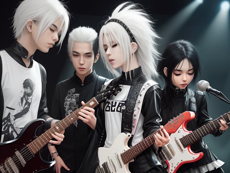  rock japan band weiser: with the leader, a girl with white hair. girl with black hair drum machine. and boy with black hair the guitarist.