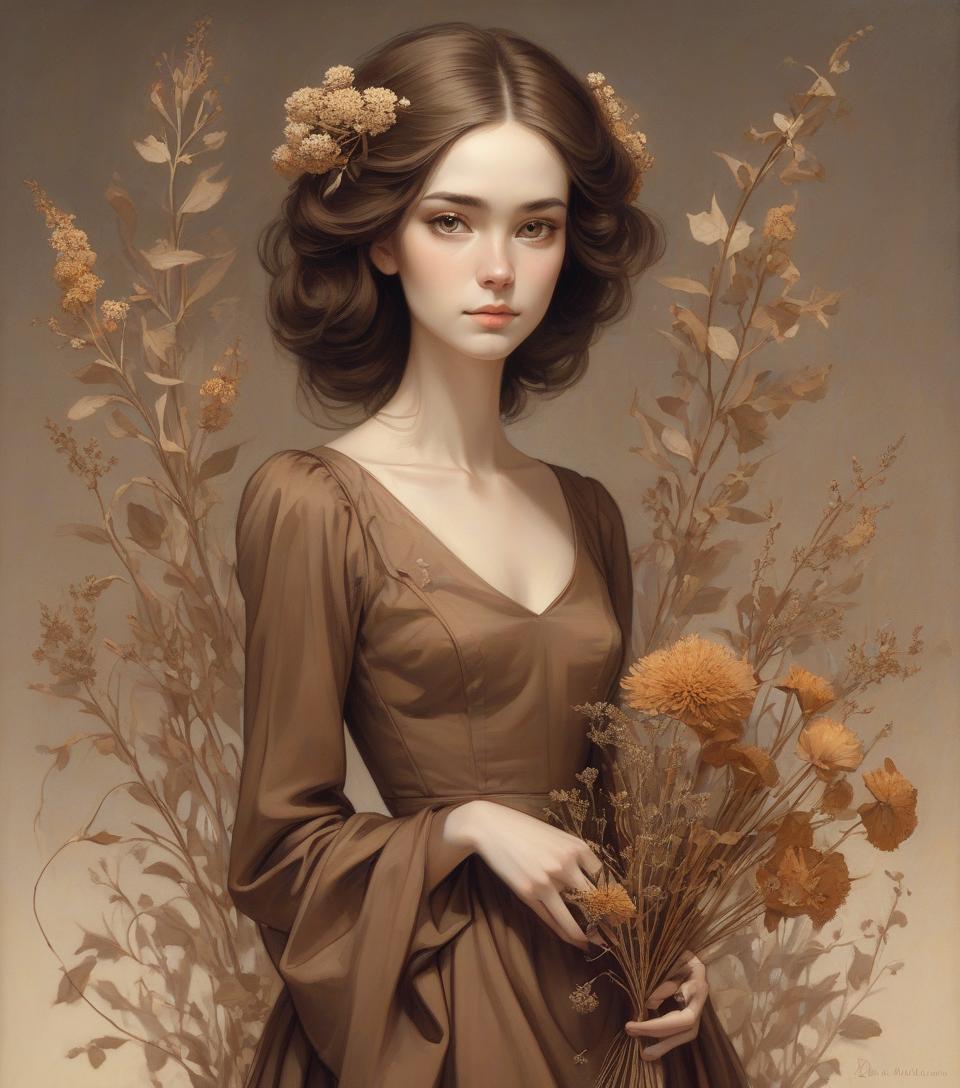  portrait, beautiful young woman wearing brown dress, dry flowers, by daniel merriam, abigail larson.