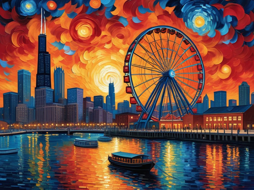  concept art chicago’s centennial ferris wheel, chicago’s navy pier, chicago skyline with prominent towers like willis, hancock, crains communication (slice building) with colorful van gogh swirls in the sky, van gogh's starry starry night with colorful red and orange swirls in the beautiful night sky, hyper realistic, chicago skyline, mesmerizing, intricate details, flambient golden and red sunrise, dramatic lighting, epic composition, wide angle, cinematic, masterpiece, high resolution, sharp details, best quality, 4k, raw photo, van gogh influence, studio lighting, impressionist, bold colors, starry sky, architectural elements, medium format lens, high angle, cityscape, city life, metropolitan, van gogh's brushstrokes, van gogh's shad