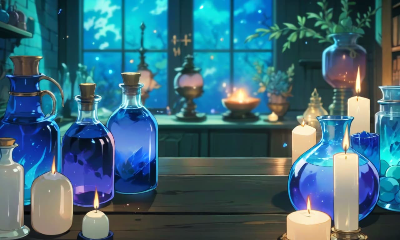  anime artwork the witch's alchemical table. blue hues. gloomy atmosphere. view horizontally . anime style, key visual, vibrant, studio anime, highly detailed