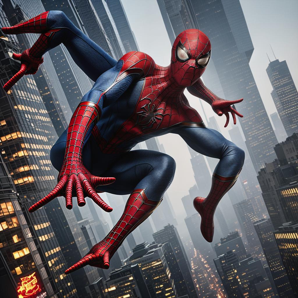  spiderman funny hyperrealistic, full body, detailed clothing, highly detailed, cinematic lighting, stunningly beautiful, intricate, sharp focus, f/1. 8, 85mm, (centered image composition), (professionally color graded), ((bright soft diffused light)), volumetric fog, trending on instagram, trending on tumblr, HDR 4K, 8K