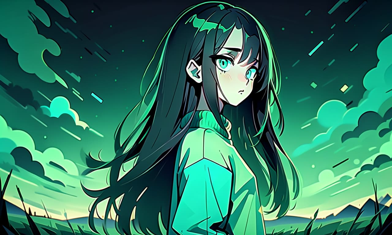  cubist artwork a girl in anime style with long black hair stands in an empty and night field dressed in a sweater of warm pastel green color and pants. the girl looks into the darkness with black lower eyelids under the eyes full of fear of the unknown and curiosity, and the bright turquoise eyes themselves stand out against the background of everything. the image uses warm and bed tones . geometric shapes, abstract, innovative, revolutionary