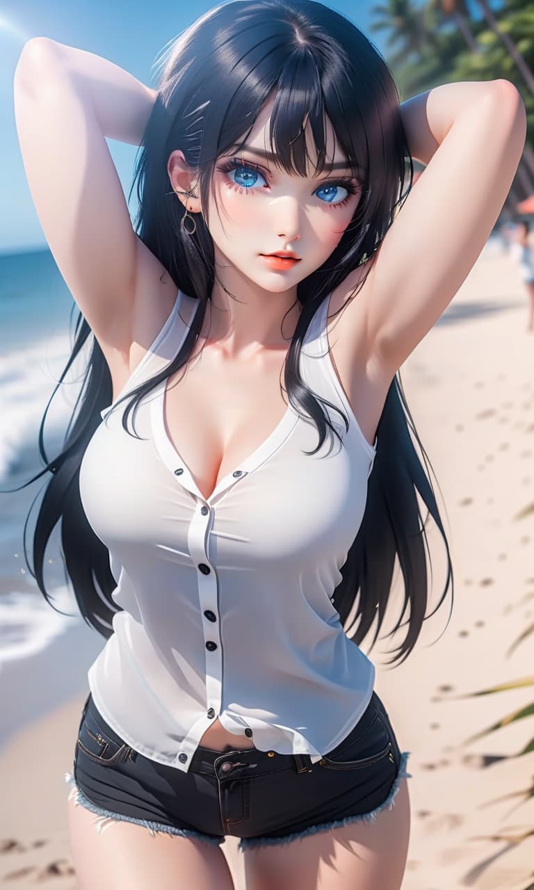  cinematic photo girl on the beach, black long hair, white tight shirt, big bust, short denim shorts, blue eyes. . 35mm photograph, film, bokeh, professional, 4k, highly detailed, perfecteyes