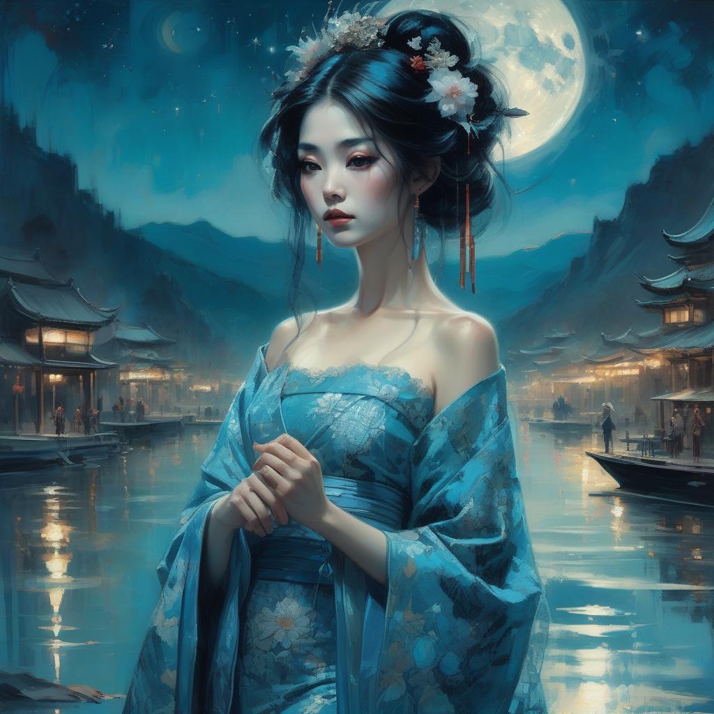  beautiful geisha in a blue turquoise and intricate motifs lace dress watching the fullmoon night starry sky by the lake, dark hair, dark fantasy, intricate details, hyper detailed, jean baptiste monge, carne griffiths, michael garmash, seb mckinnon, masterpiece, sunshine