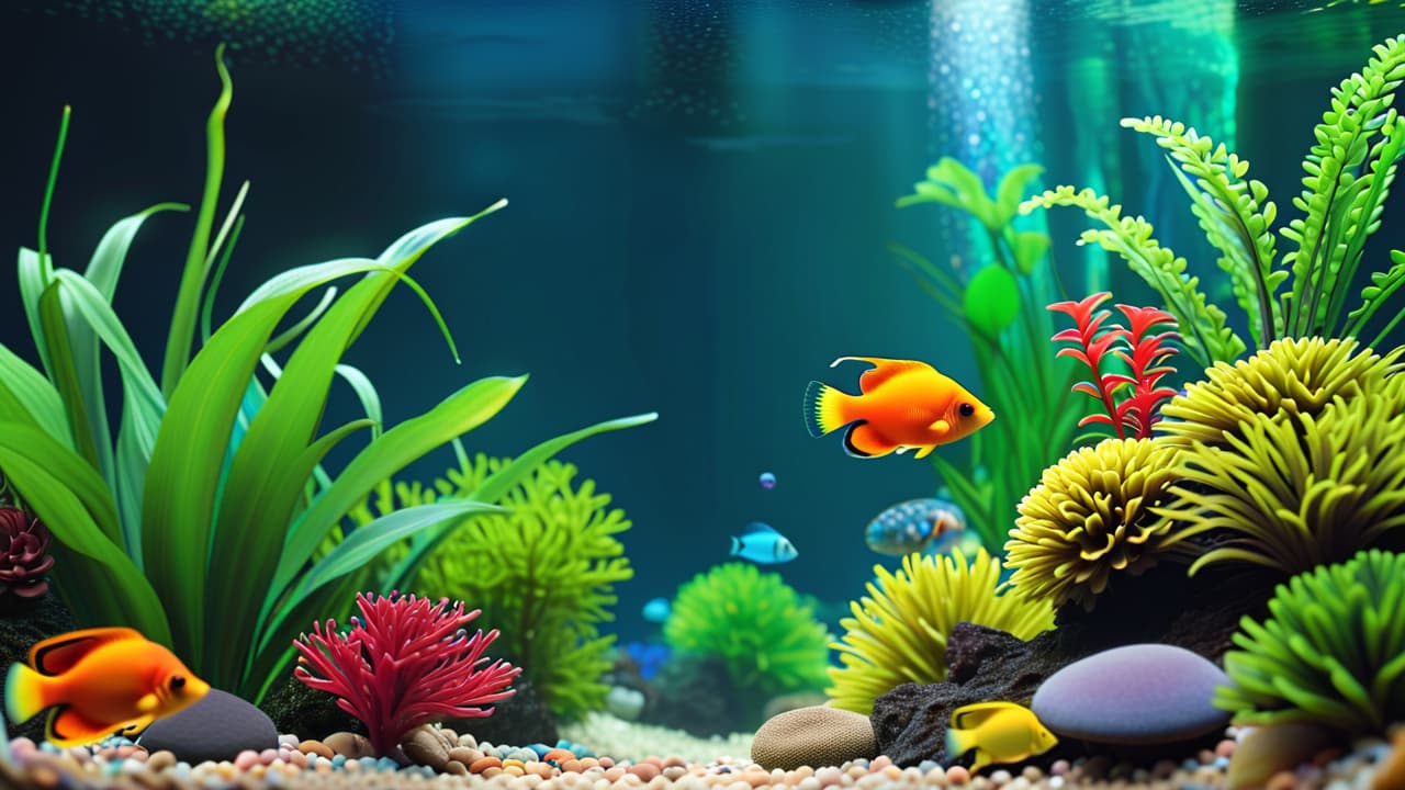  a serene aquarium scene, showcasing vibrant tropical fish among lush aquatic plants, a gentle bubble filter, and colorful pebbles at the bottom, with soft, diffused natural light creating a tranquil atmosphere. hyperrealistic, full body, detailed clothing, highly detailed, cinematic lighting, stunningly beautiful, intricate, sharp focus, f/1. 8, 85mm, (centered image composition), (professionally color graded), ((bright soft diffused light)), volumetric fog, trending on instagram, trending on tumblr, HDR 4K, 8K