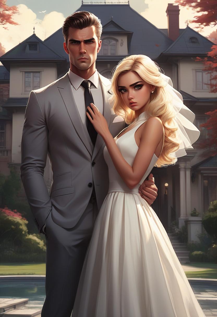  the cover of a romantic book in a modern style. a house is depicted in the background. 1 handsome man, tall, muscular, angry, dressed in a business suit, standing tall. there is 1 girl standing behind the man in a luxurious wedding dress and veil, she stands tall, she has big eyes, kawaii style. the man has black hair, the girl has blonde hair. very clear lines, ((drawn lines)). high detail, 8k, rich, sophisticated, cinematic, atmospheric. edmund blair and charlie bowater, graphics by magali villeneuve, classics of digital art in the fantasy genre by charlie bowater and mark brooks