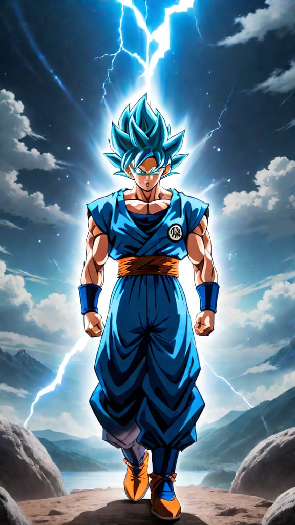  anime art of goku from dragon ball unlocking a fusion of ultra instinct with super saiyan blue. hyperrealistic, full body, detailed clothing, highly detailed, cinematic lighting, stunningly beautiful, intricate, sharp focus, f/1. 8, 85mm, (centered image composition), (professionally color graded), ((bright soft diffused light)), volumetric fog, trending on instagram, trending on tumblr, HDR 4K, 8K