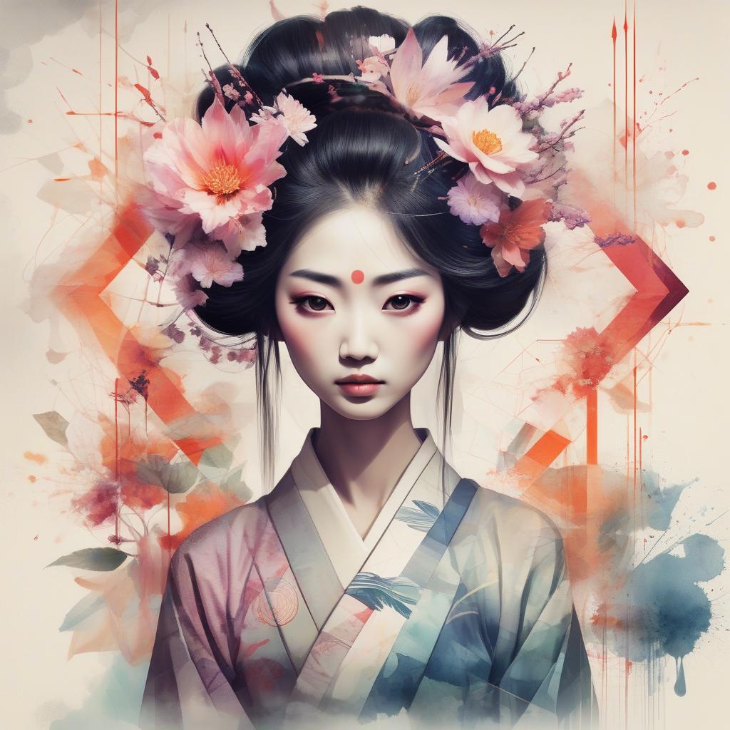  create a double exposure portrait of a japanese courtesan that blends abstract, artistic textures, such as splashes of watercolor and light effects, with sharp geometric shapes and lines. the portrait should capture the essence of the woman's personality, adding a dreamy or mysterious feel through the use of abstract patterns, and adding a modern, stylish look through the use of geometric shapes overlapping or merging with his form. there can be flowers on top of geometric lines. the combination of these elements should symbolize the multifaceted nature of the human spirit and the intersection of tradition and modernity, and should evoke a sense of complexity and depth.