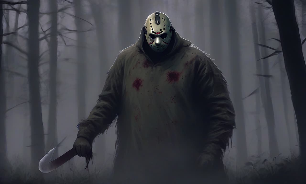  horror themed jason voorhees stands at full height on the grass. in his hand is a machete, on his face is a canonical mask. the background is a dense forest in the fog . eerie, unsettling, dark, spooky, suspenseful, grim, highly detailed