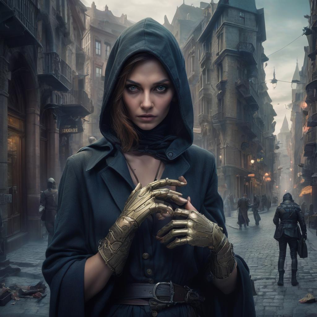  fantasy, woman, robber, prosthetic hand, city