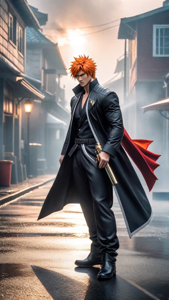  anime art: yamamoto's zanka no tachi, reaching 15 million degrees celsius, incinerates foes instantly in bleach universe. hyperrealistic, full body, detailed clothing, highly detailed, cinematic lighting, stunningly beautiful, intricate, sharp focus, f/1. 8, 85mm, (centered image composition), (professionally color graded), ((bright soft diffused light)), volumetric fog, trending on instagram, trending on tumblr, HDR 4K, 8K