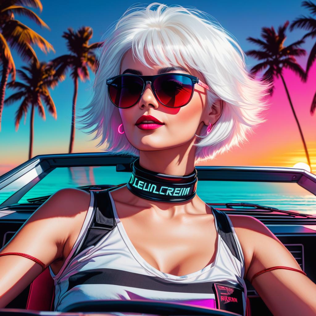  a woman with short white hair, a pixie haircut, sunglasses, a top t shirt, with a choker around her neck, sitting in a delorean dmc 12 car. seaside, palm shade. neon sunset, neon inscription "neon cherry", digital photo, high detail, high realism.