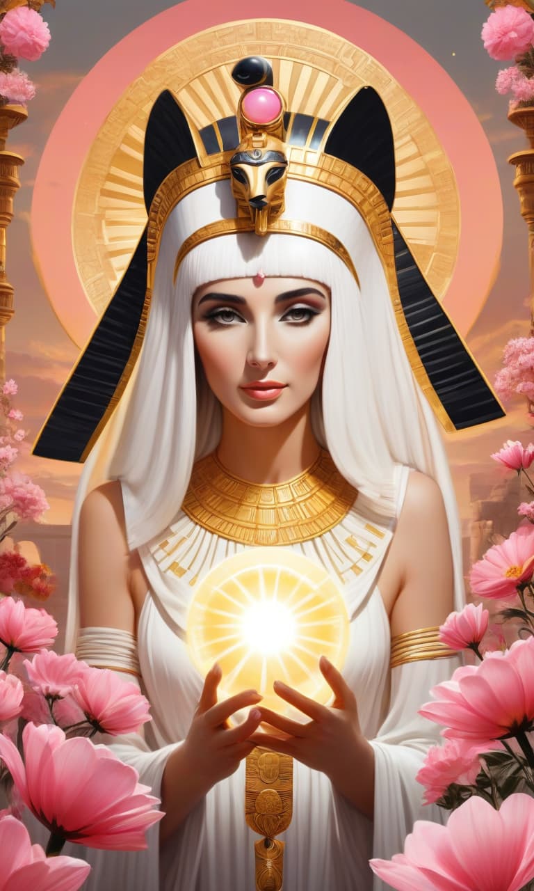  concept art black, white, gold, pink cleopatra holds the sun in her hands, many flowers near sphinx . digital artwork, illustrative, painterly, matte painting, highly detailed, perfect hands