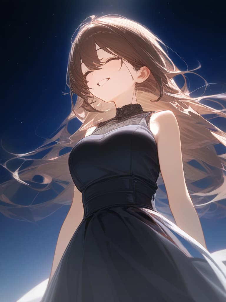  a girl who is laughing at me, bright brown hair, long hair, transparent fleeting, facing here, laughing, under the starry sky, facing here, i am looking at me, from the waist, i wear a white cardigan from above the black sleeveless dress, masterpiece, best quality,8k,ultra detailed,high resolution,an extremely delicate and beautiful,hyper detail